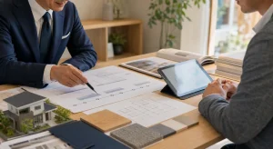 住宅設計資料と事業承継の資料を確認している様子